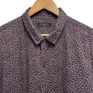 AllSaints Mens XXL Black/Red Floral Viscose Cotton "Akaw" Button Front Shirt euc
